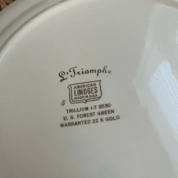 L'Triomphe American Limoges Trillium Forest Green Filigree 22K Gold Dinner Plate - Picture 3 of 4